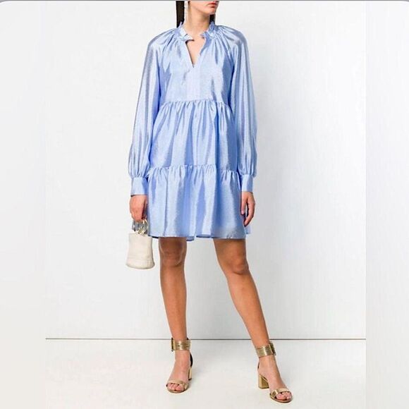 Stine Goya Jasmine Mini Dress Light Blue Tiered Trapeze Shift Taffeta V-Neck S - Picture 10 of 11